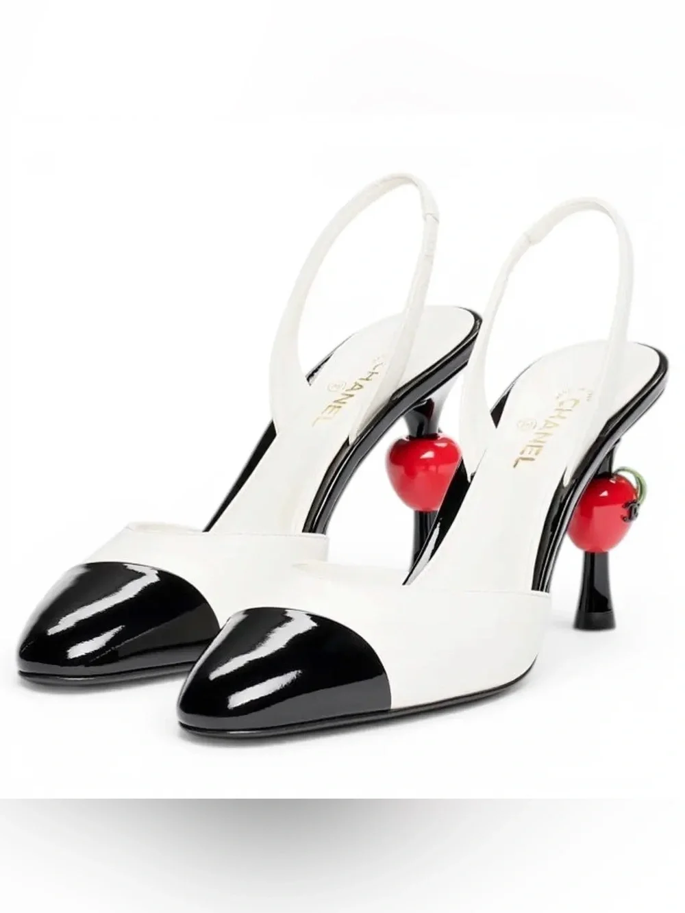 CHANEL White and Black Slingback Pumps with Red Cherry Heels